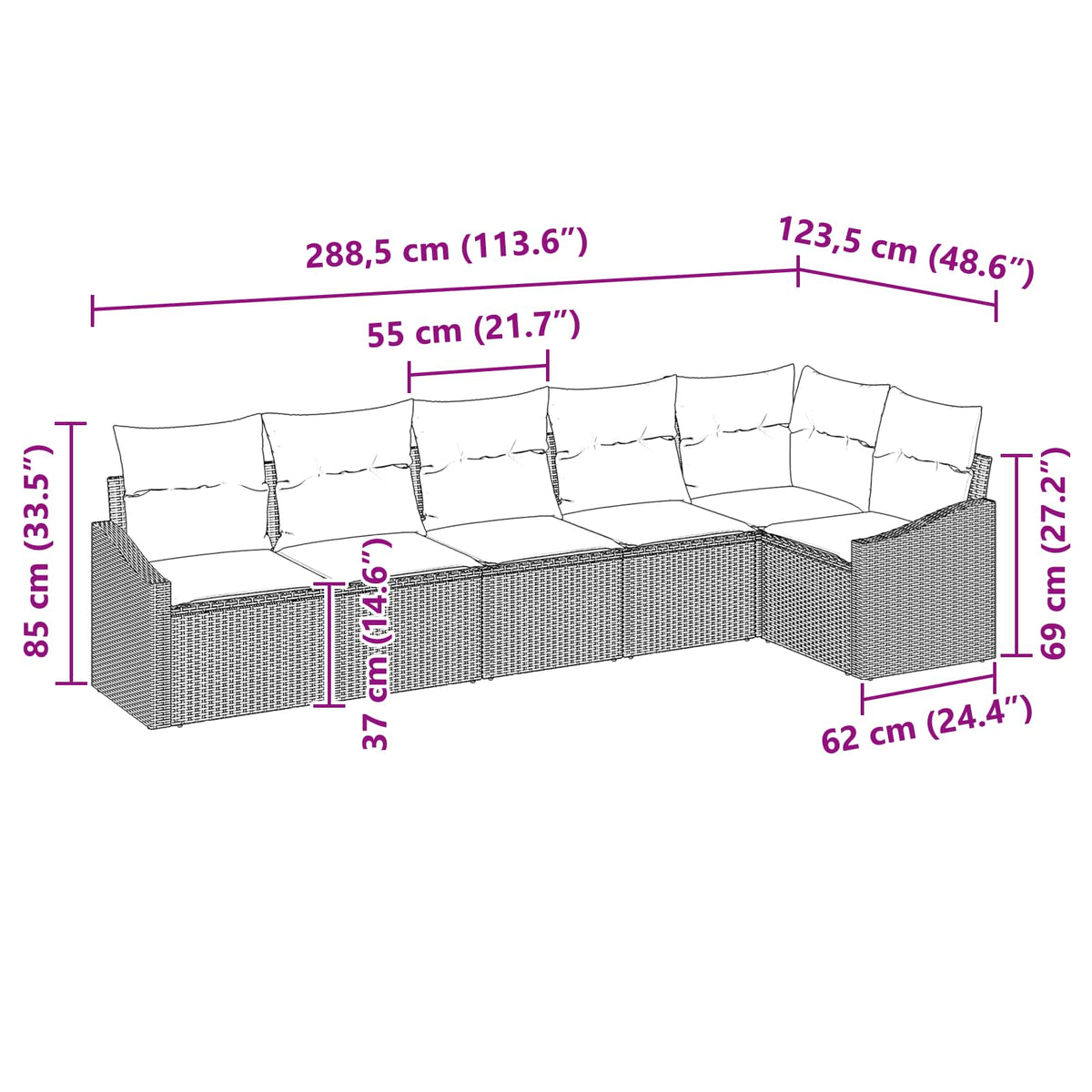 Set sofe 6 kom. Smeđa poliratan 288,5 x 123,5 x 85 cm