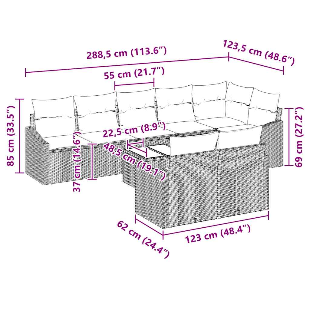 Set sofe 9 kom. Siva poliratan 288,5 x 123,5 x 85 cm