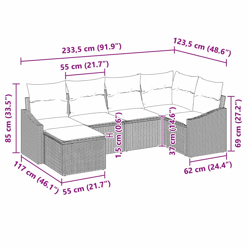 Set sofe 6 kom. Svjetlosiva poliratan 288,5 x 123,5 x 85 cm