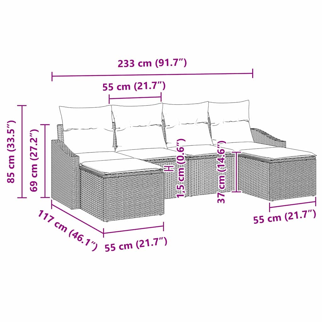 Set sofe 6 kom. Crna poliratan 233 x 117 x 85 cm