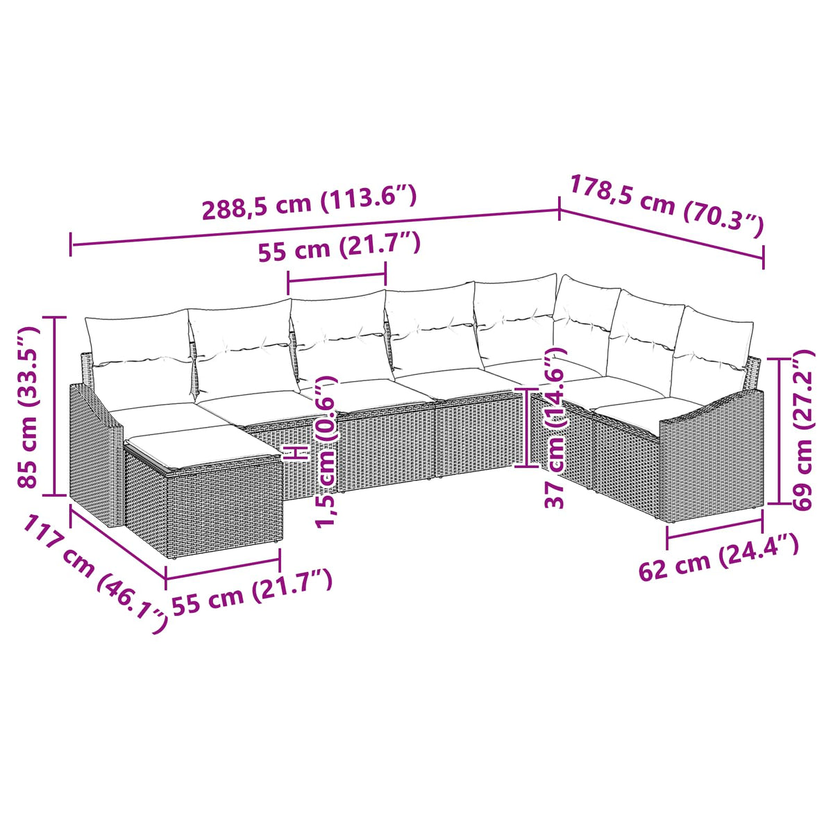 Set sofe 8 kom. Crna poliratan 288,5 x 178,5 x 85 cm