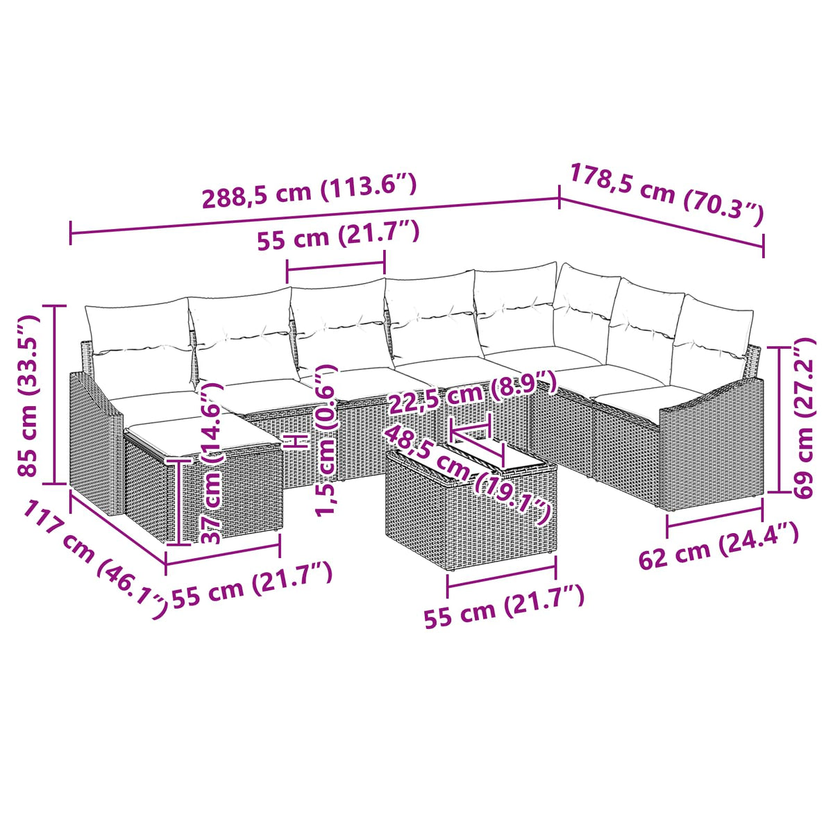 Set sofe 9 kom. Crna poliratan 288,5 x 178,5 x 85 cm