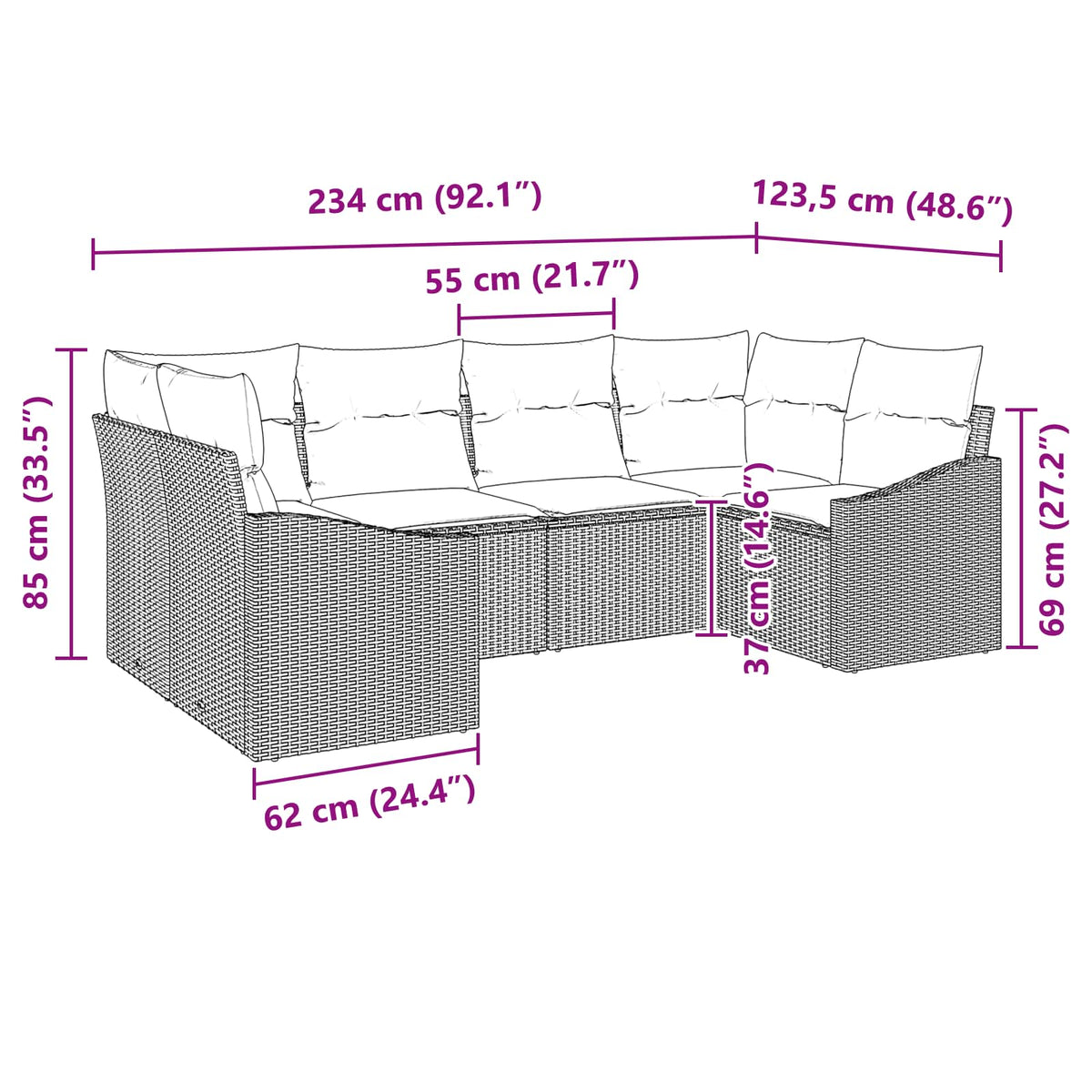 Set sofe 6 kom. Smeđa poliratan 234 x 123,5 x 85 cm