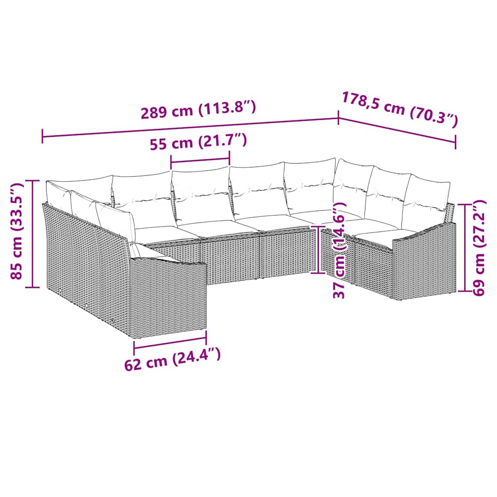 Set sofe 9 kom. Siva poliratan 289 x 178,5 x 85 cm