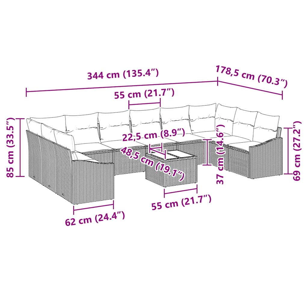 Set sofe 11 kom. Siva poliratan 344 x 178,5 x 85 cm
