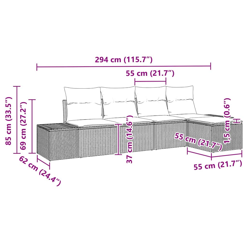 Sjedeća garnitura za vrt 5 kom. Smeđa poliratan 294 x 117 x 85 cm