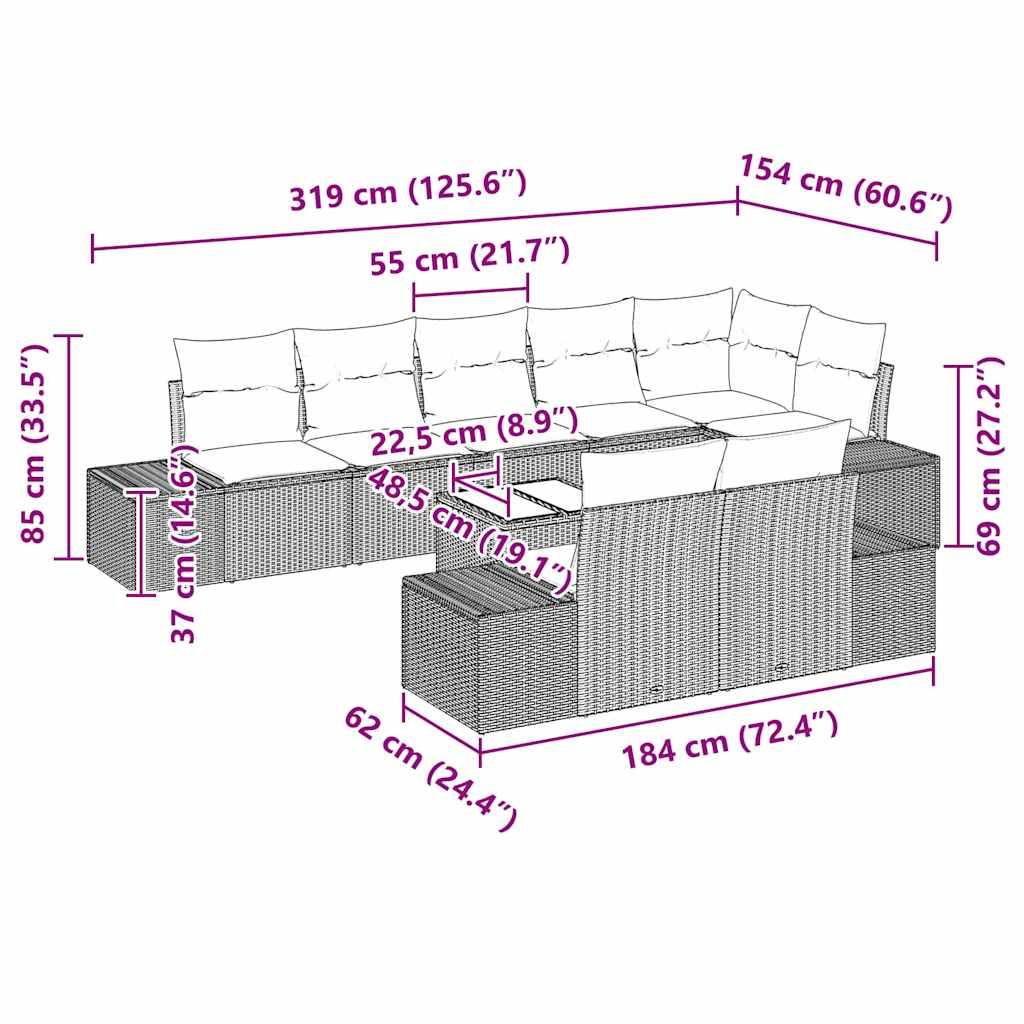 Sjedeća garnitura za vrt 9 kom. Crna poliratan 227 x 62 x 69 cm
