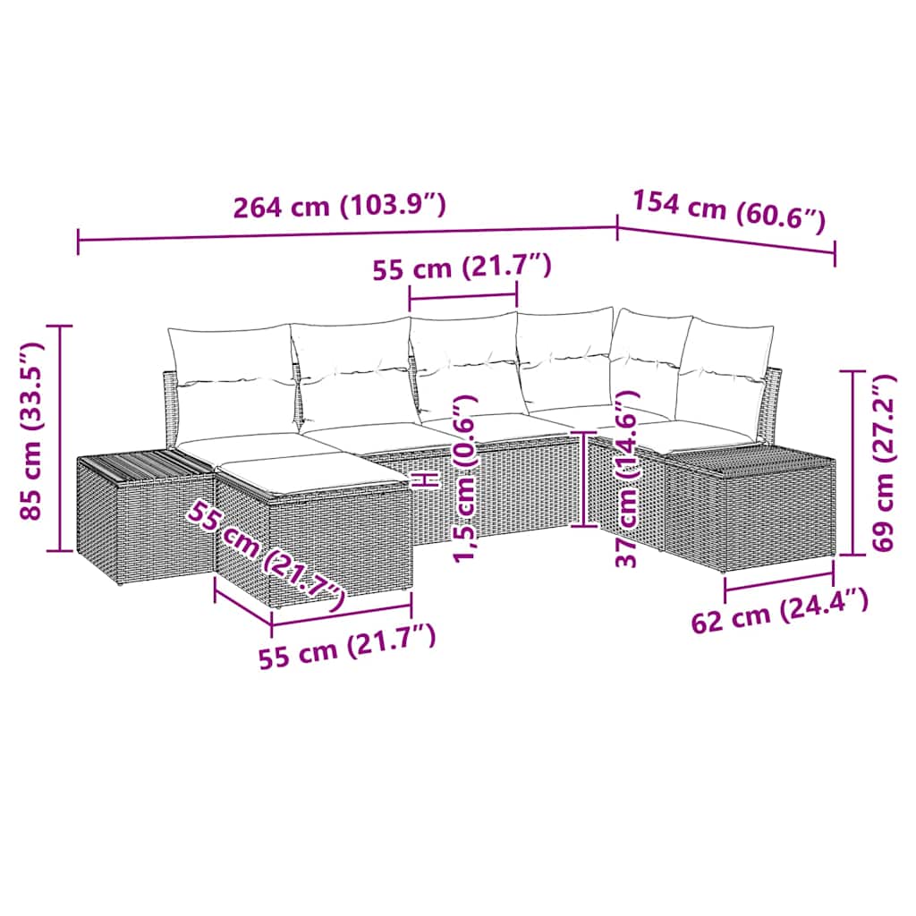 Sjedeća garnitura za vrt 6 kom. Svijetlo siva poliratan Svjetlosiva 184 x 62 x 85 cm