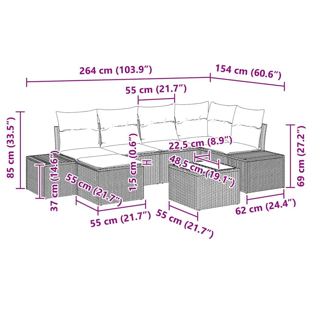 Sjedeća garnitura za vrt 7 kom. Svijetlo siva poliratan Svjetlosiva 55 x 62 x 69 cm