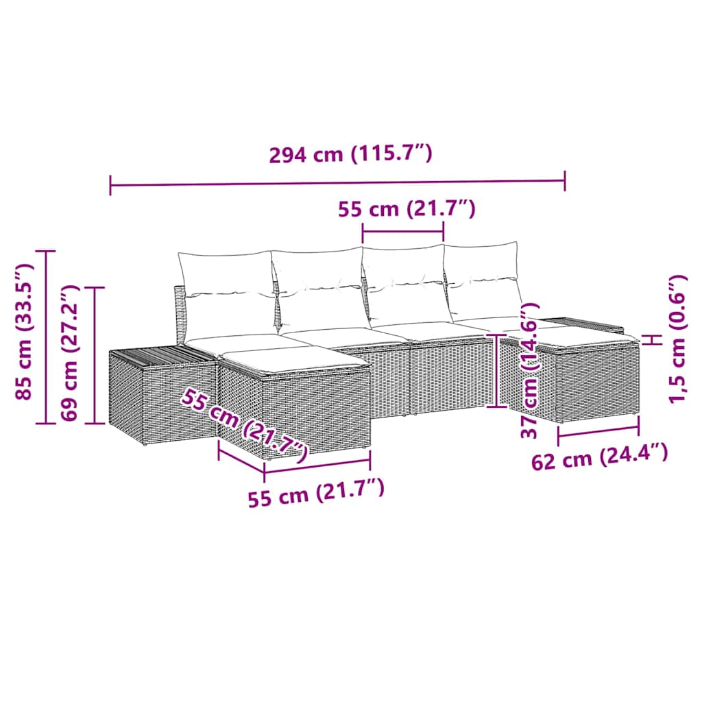 Sjedeća garnitura za vrt 6 kom. Crna poliratan 294 x 117 x 69 cm