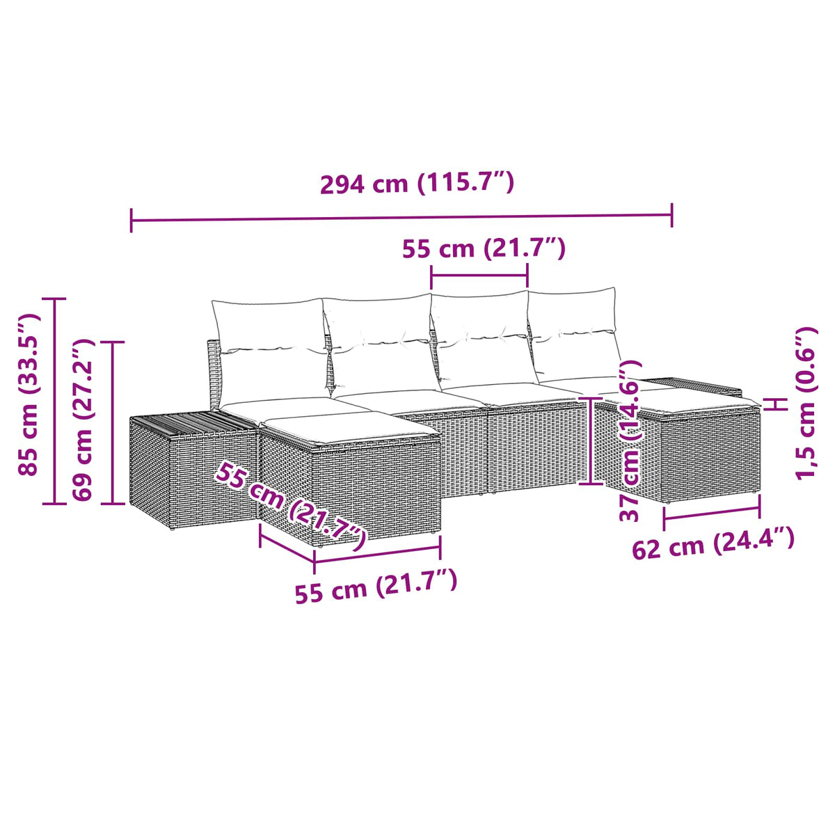 Sjedeća garnitura za vrt 6 kom. Crna poliratan 294 x 117 x 69 cm