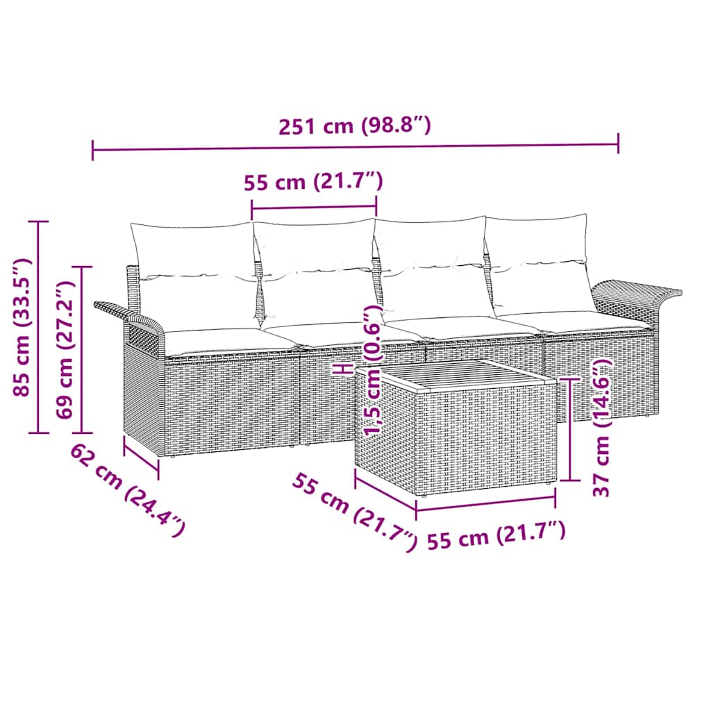 Sjedeća garnitura za vrt 5 kom. Siva poliratan 55 x 55 x 37 cm