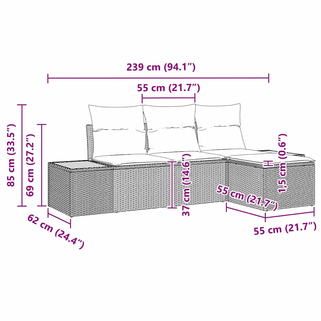 Sjedeća garnitura za vrt 4 kom. Crna poliratan 239 x 117 x 85 cm