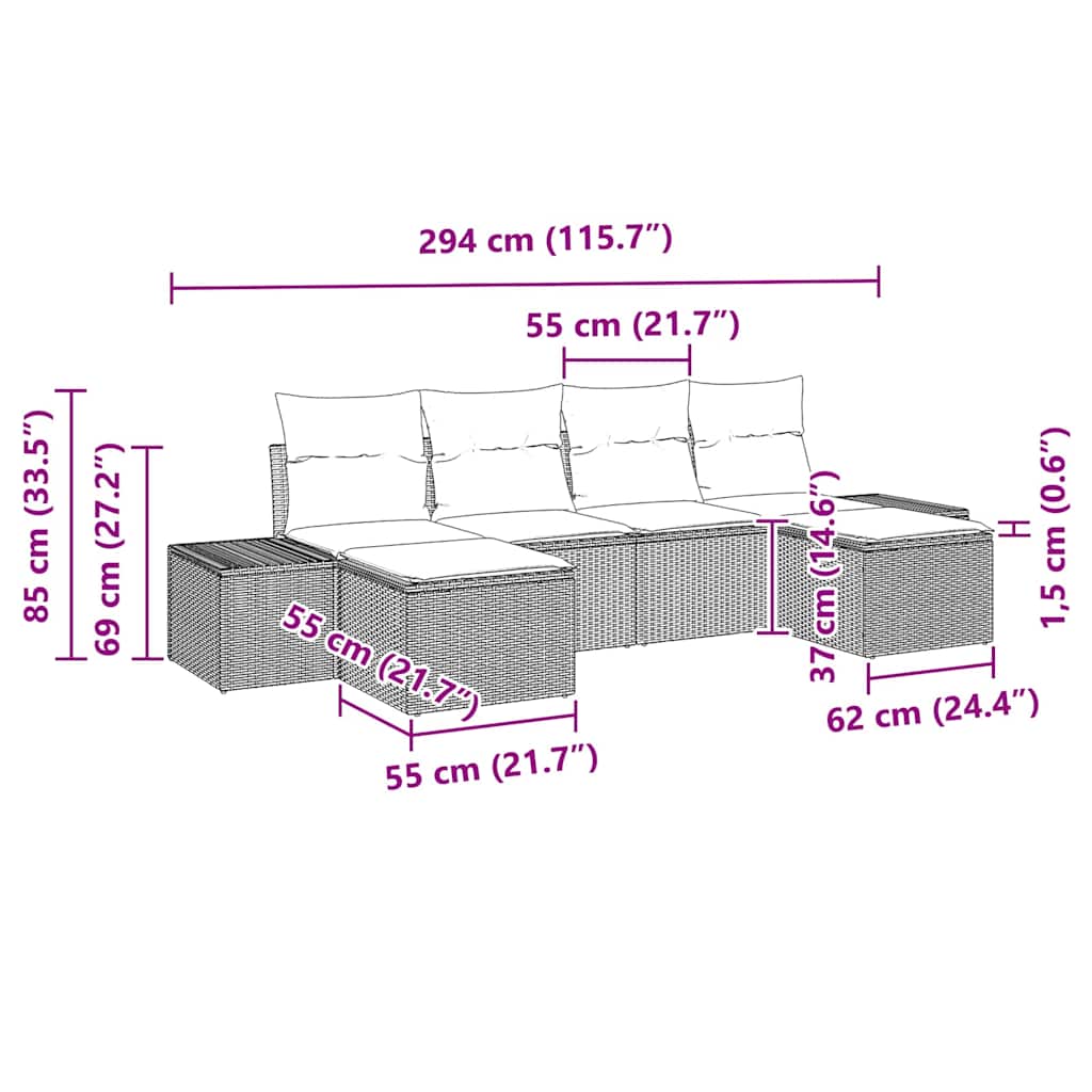 Sjedeća garnitura za vrt 6 kom. Crna poliratan 294 x 117 x 69 cm