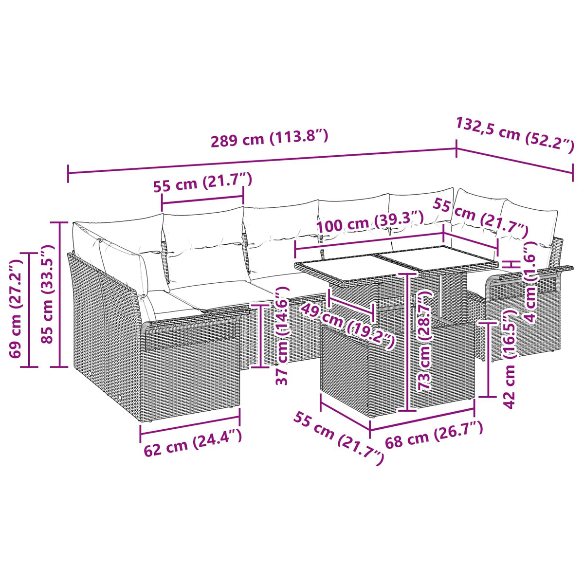 Sjedeća garnitura za vrt 8 kom. Siva poliratan 100 x 55 x 73 cm