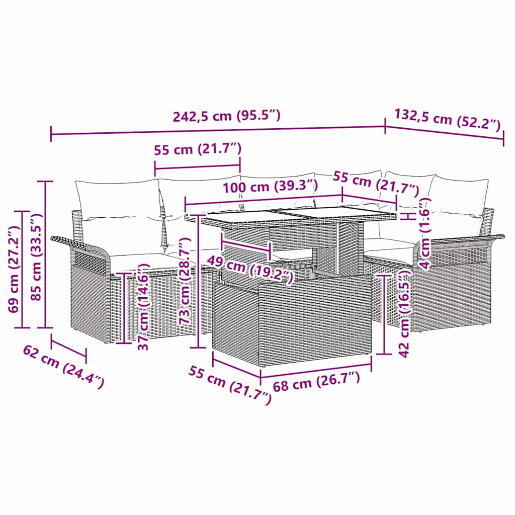 Sjedeća garnitura za vrt 6 kom. Svijetlo siva poliratan Svjetlosiva 100 x 55 x 73 cm