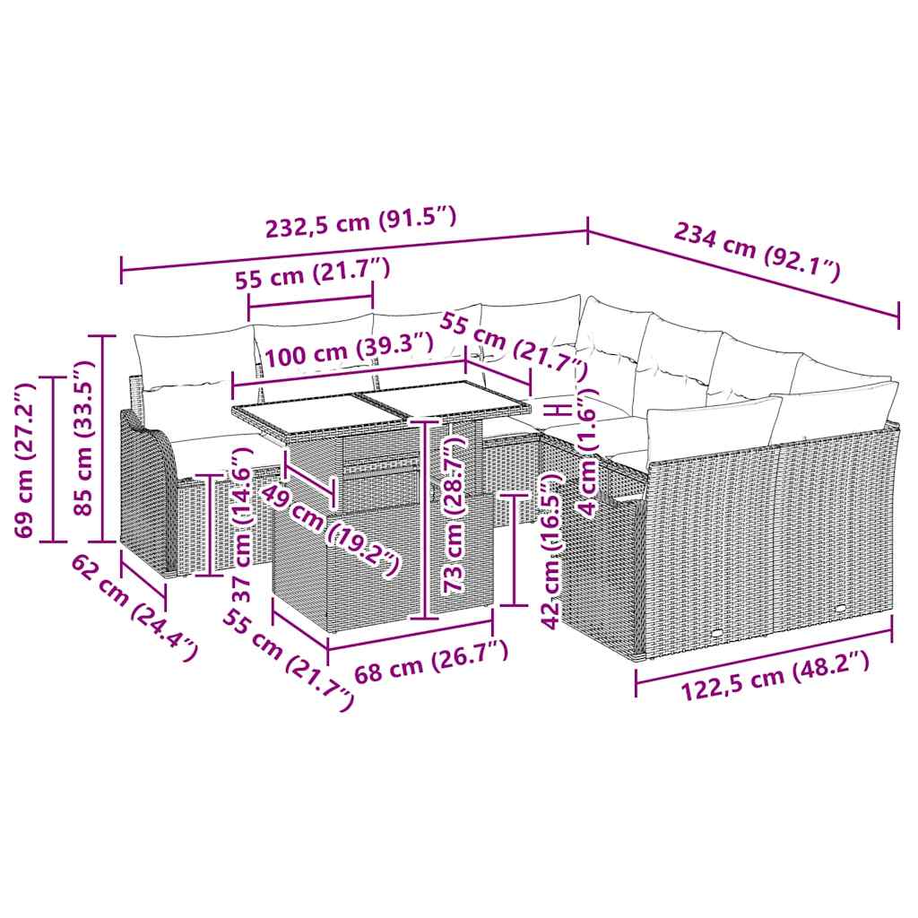 Sjedeća garnitura za vrt 9 kom. Crna poliratan 100 x 55 x 73 cm