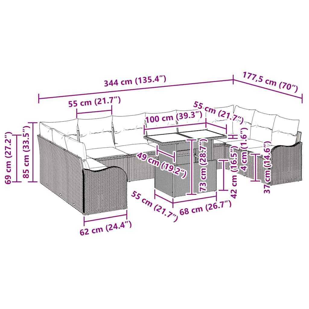 Sjedeća garnitura za vrt 11 kom. Svijetlo siva Poli ratan Svjetlosiva 344 x 177,5 x 85 cm
