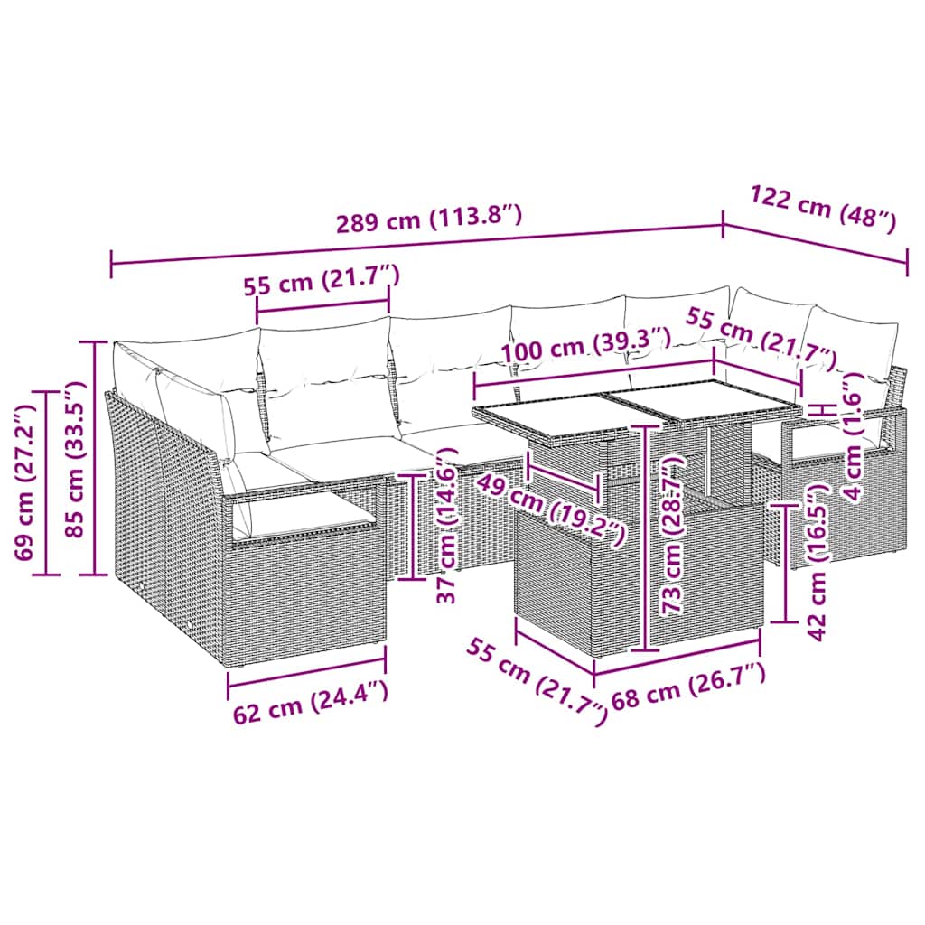Sjedeća garnitura za vrt 8 kom. 7-Broj sjedala Crna poliratan 100 x 55 x 73 cm