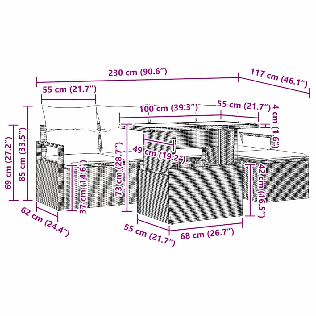Sjedeća garnitura za vrt 6 kom. Crna i Krema poliratan 100 x 55 x 73 cm