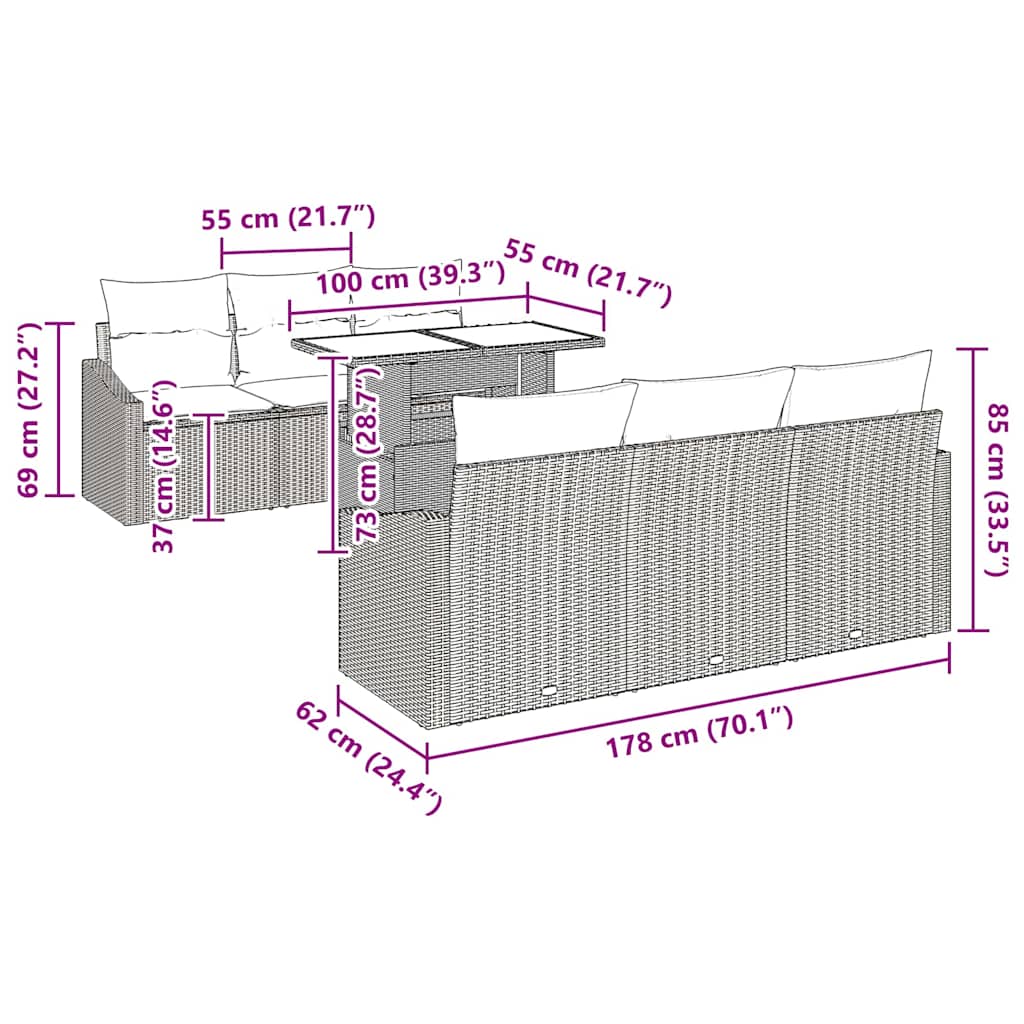 Sjedeća garnitura za vrt 7 kom. Siva poliratan 100 x 55 x 73 cm