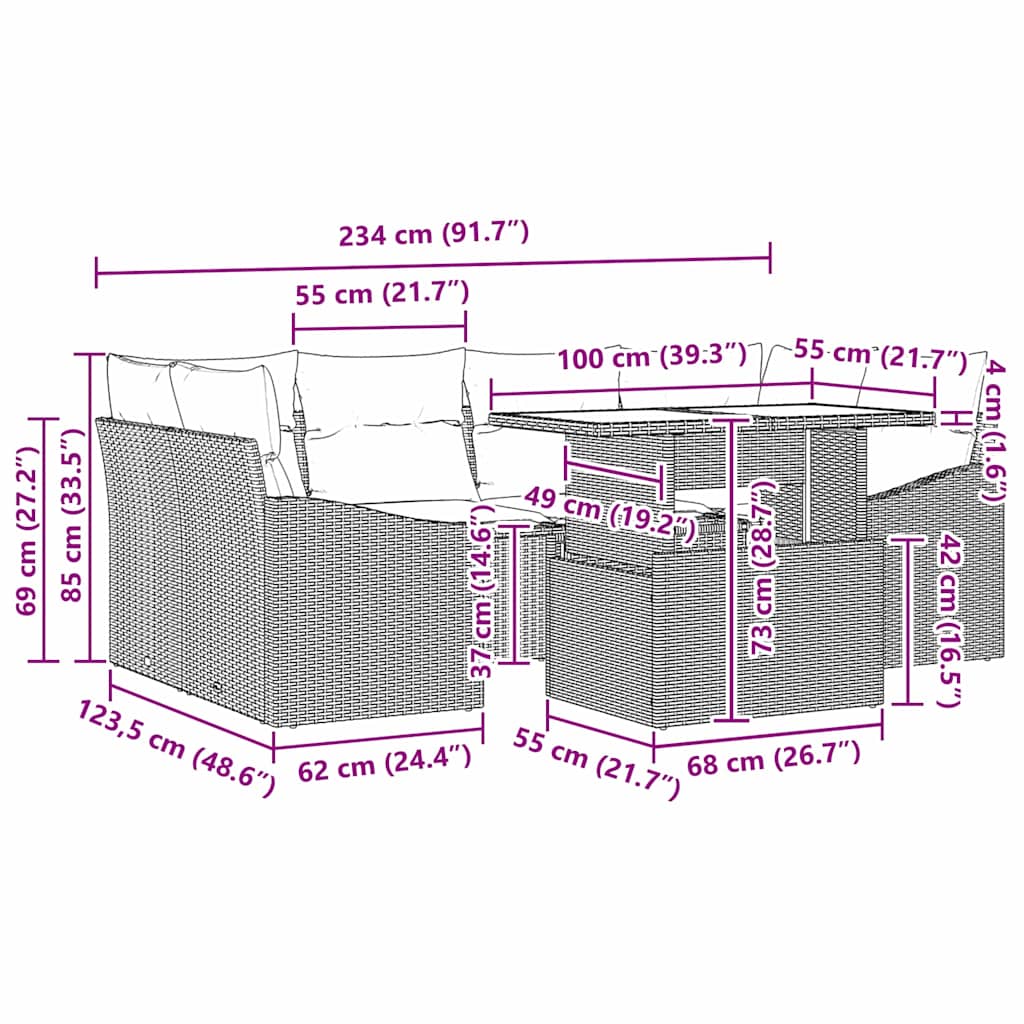 Sjedeća garnitura za vrt 7 kom. Crna poliratan 100 x 55 x 73 cm