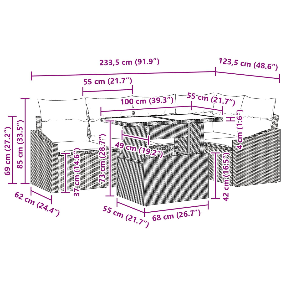 Sjedeća garnitura za vrt 6 kom. Smeđa i crvena poliratan 233.5 x 123.5 x 85 cm