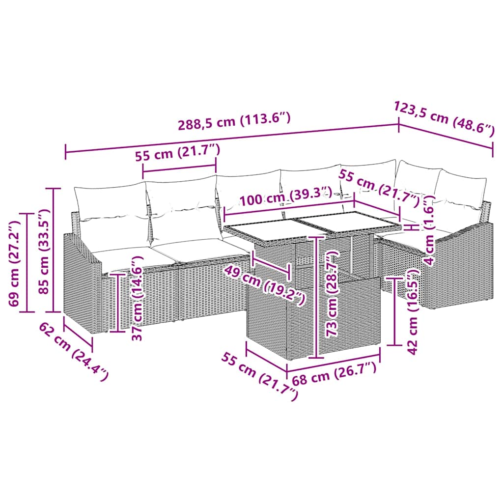 Sjedeća garnitura za vrt 7 kom. Siva poliratan 288.5 x 123.5 x 85 cm