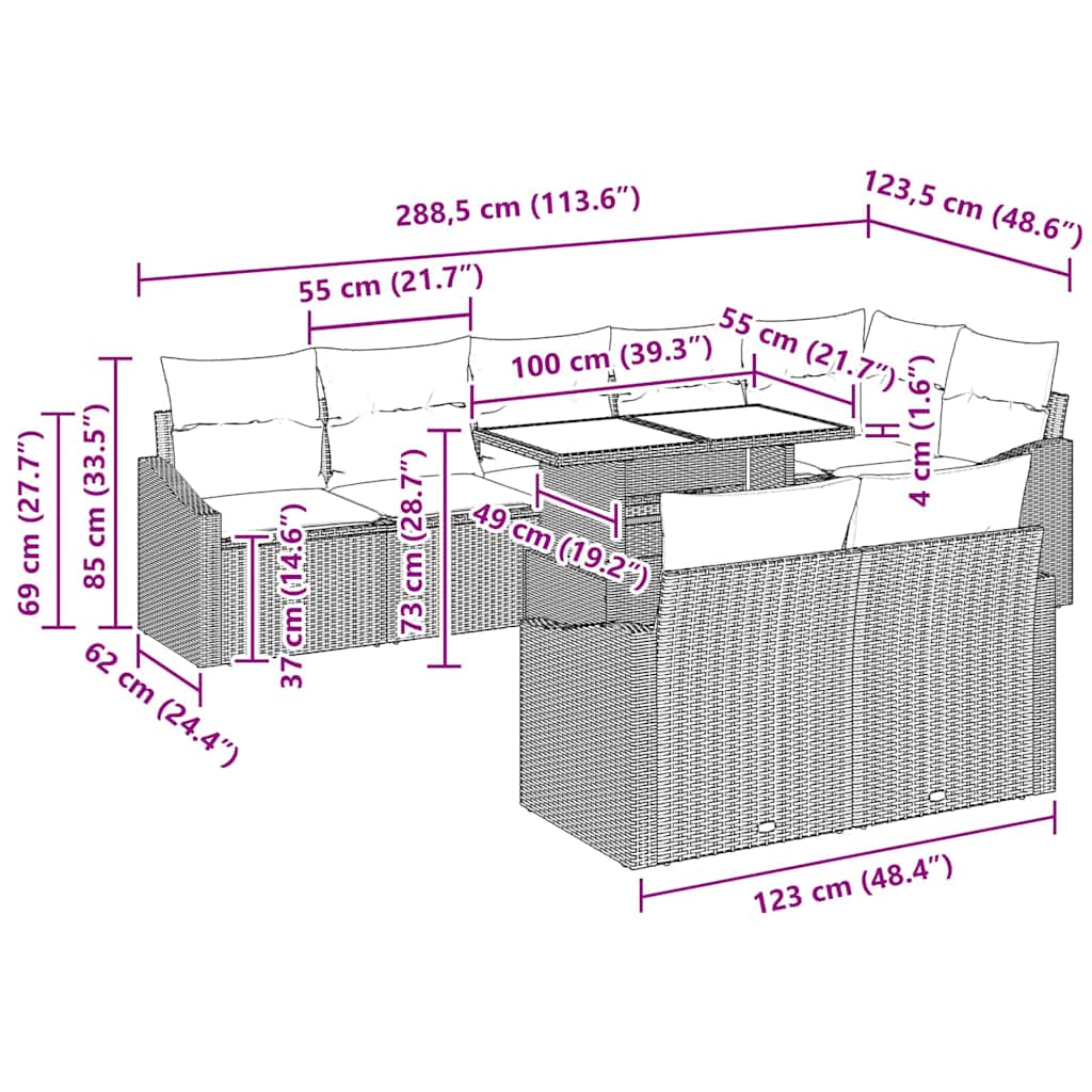 Sjedeća garnitura za vrt 9 kom. Crna poliratan 288.5 x 123.5 x 85 cm