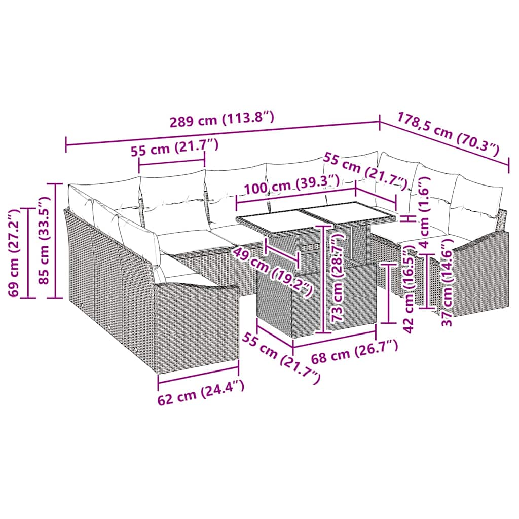 Set sofe 10 kom. Siva poliratan 100 x 55 x 73 cm