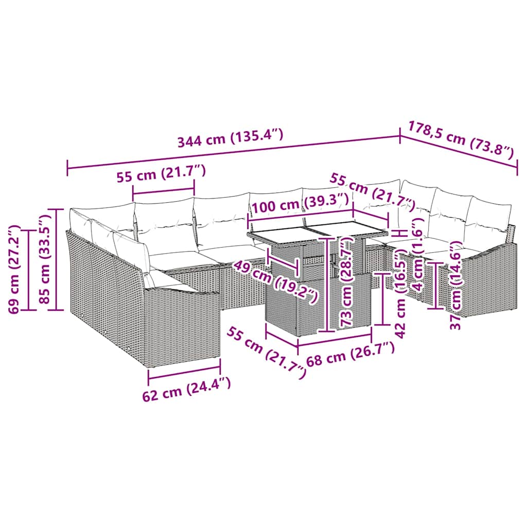 Set sofe 11 kom. Crna poliratan 100 x 55 x 73 cm