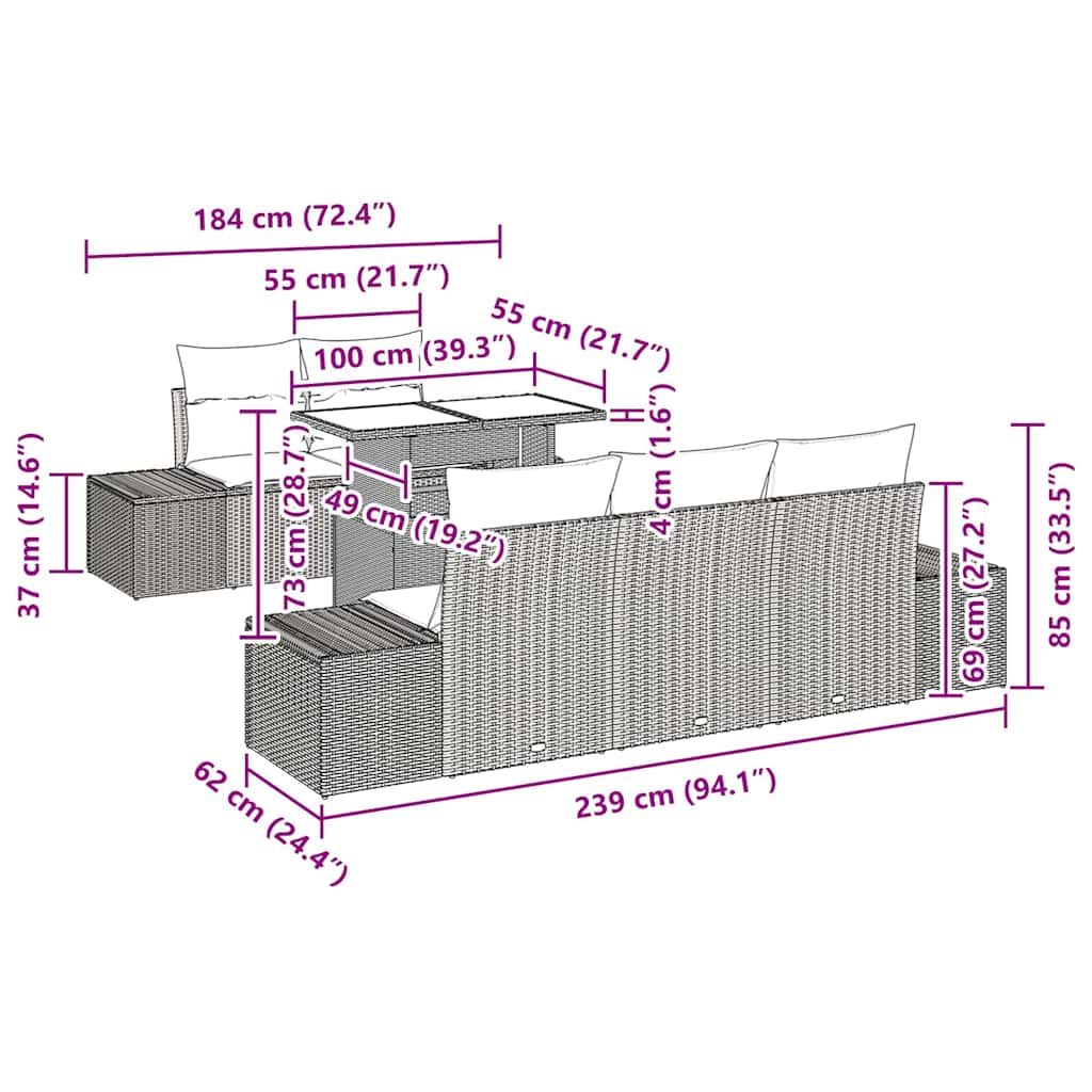 Set sofe 6 kom. Siva poliratan 100 x 55 x 73 cm