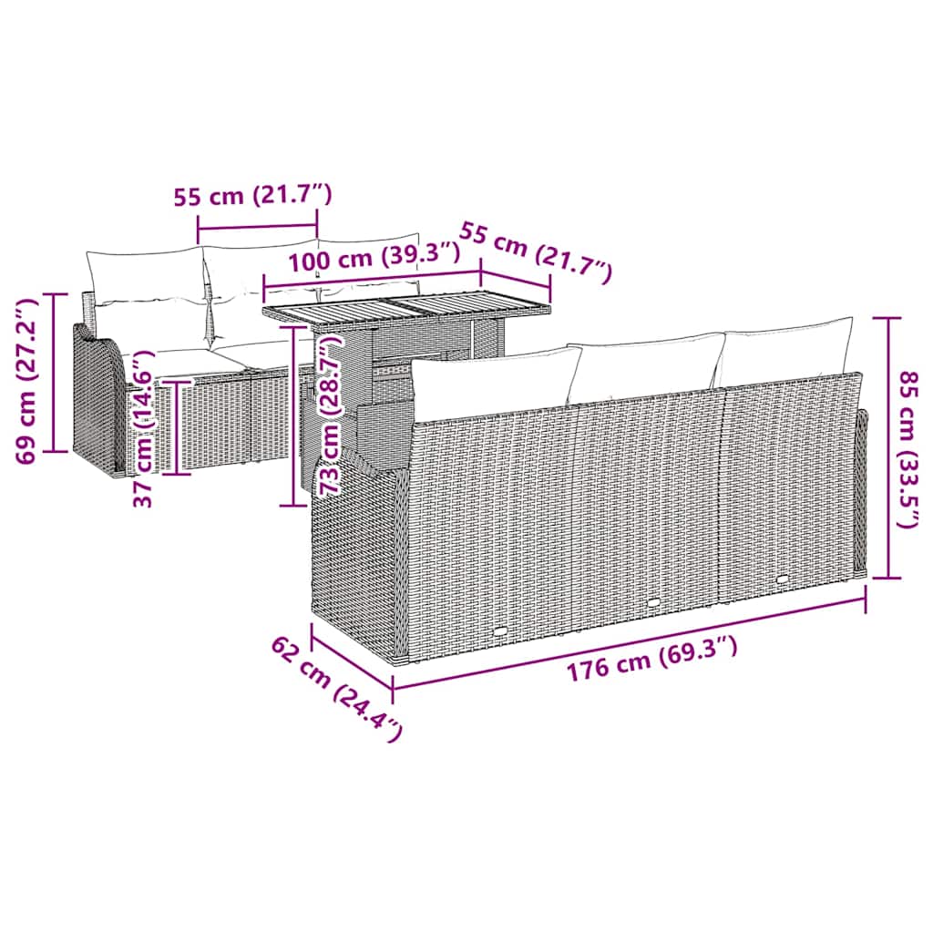 Sjedeća garnitura za vrt 7 kom. Crna poliratan 100 x 55 x 73 cm