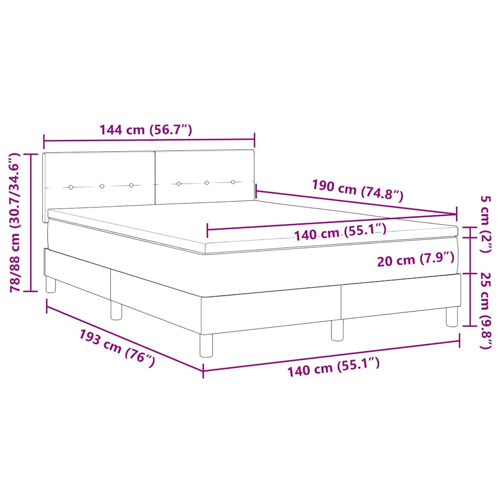 LED Box Spring Krevet Tamno siva 140 x 190 cm Baršun