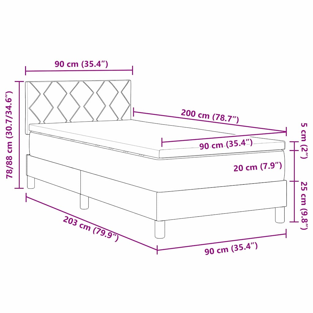 LED Box Spring Krevet Tamno siva 90 x 200 cm Baršun