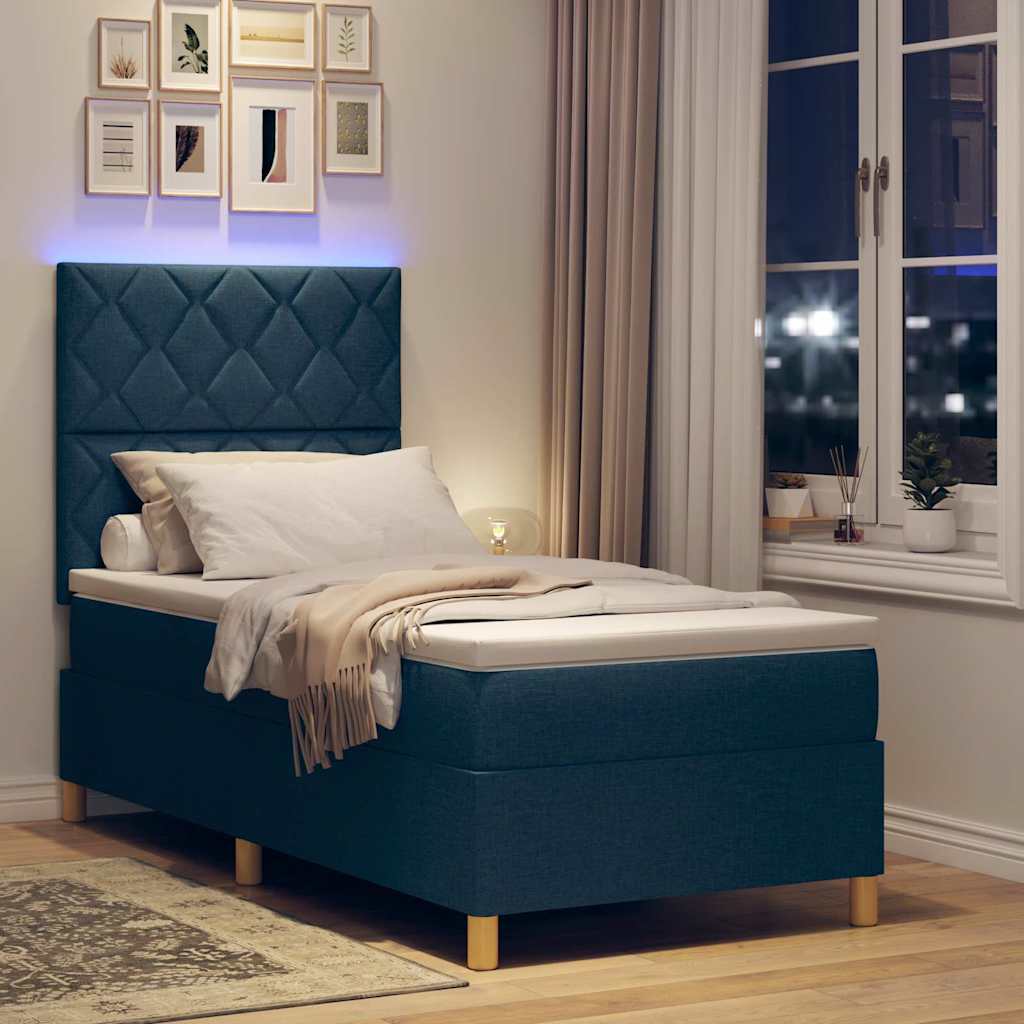 LED Box Spring Krevet s uzglavljem Plava 100 x 200 cm tkanina