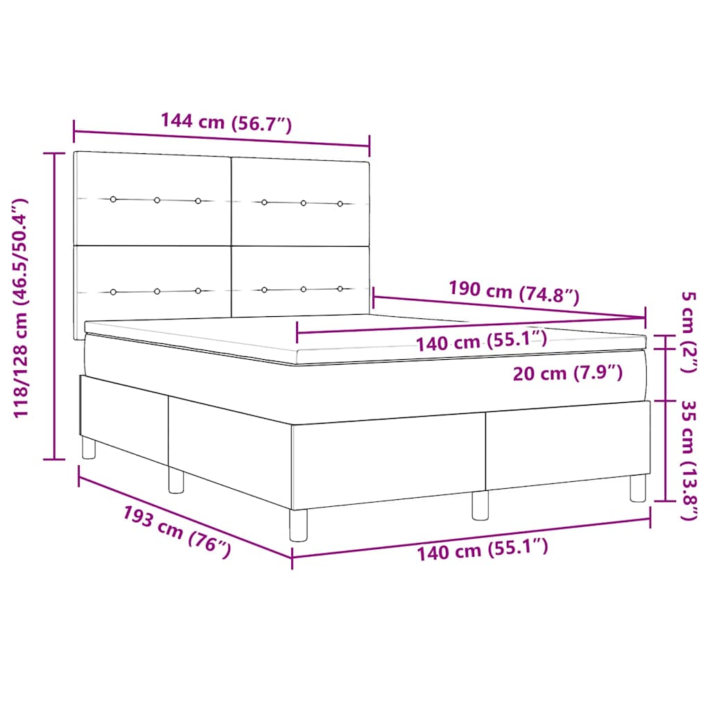 LED Box Spring Krevet Tamno siva 140 x 190 cm Baršun