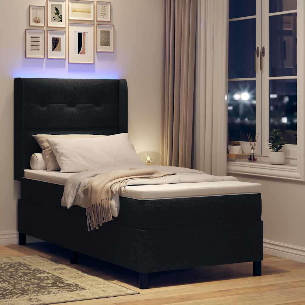 LED Box Spring Krevet s uzglavljem Crna 90 x 190 cm tkanina