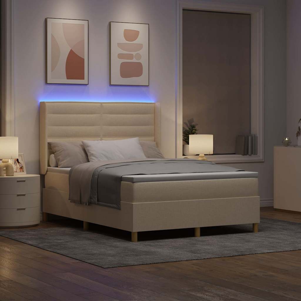Krevet s opruga kutije s LED trakama Krema 140 x 190 cm tkanina