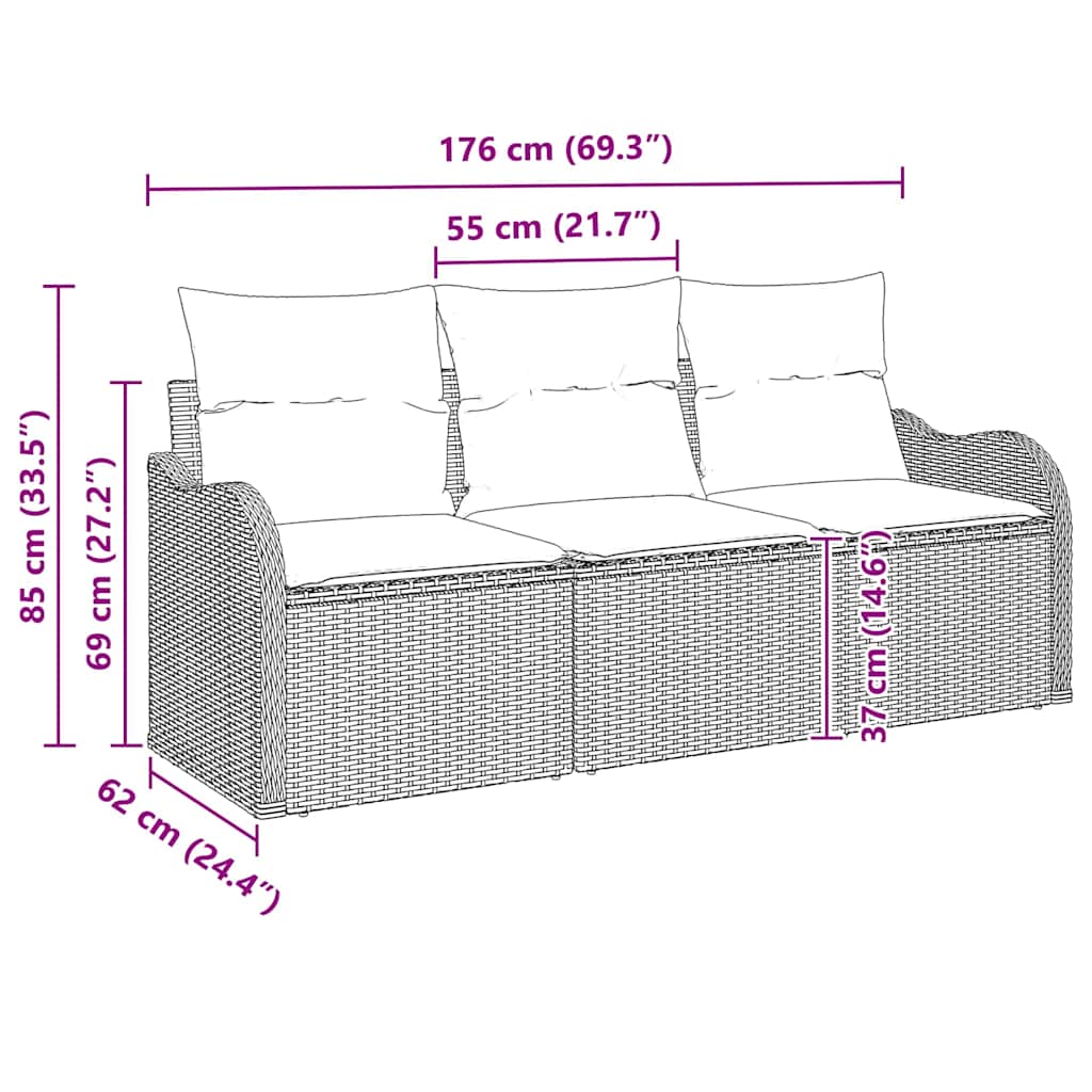 Sjedeća garnitura za vrt 3 kom. Svjetlosiva Poli ratan 176 x 62 x 85 cm