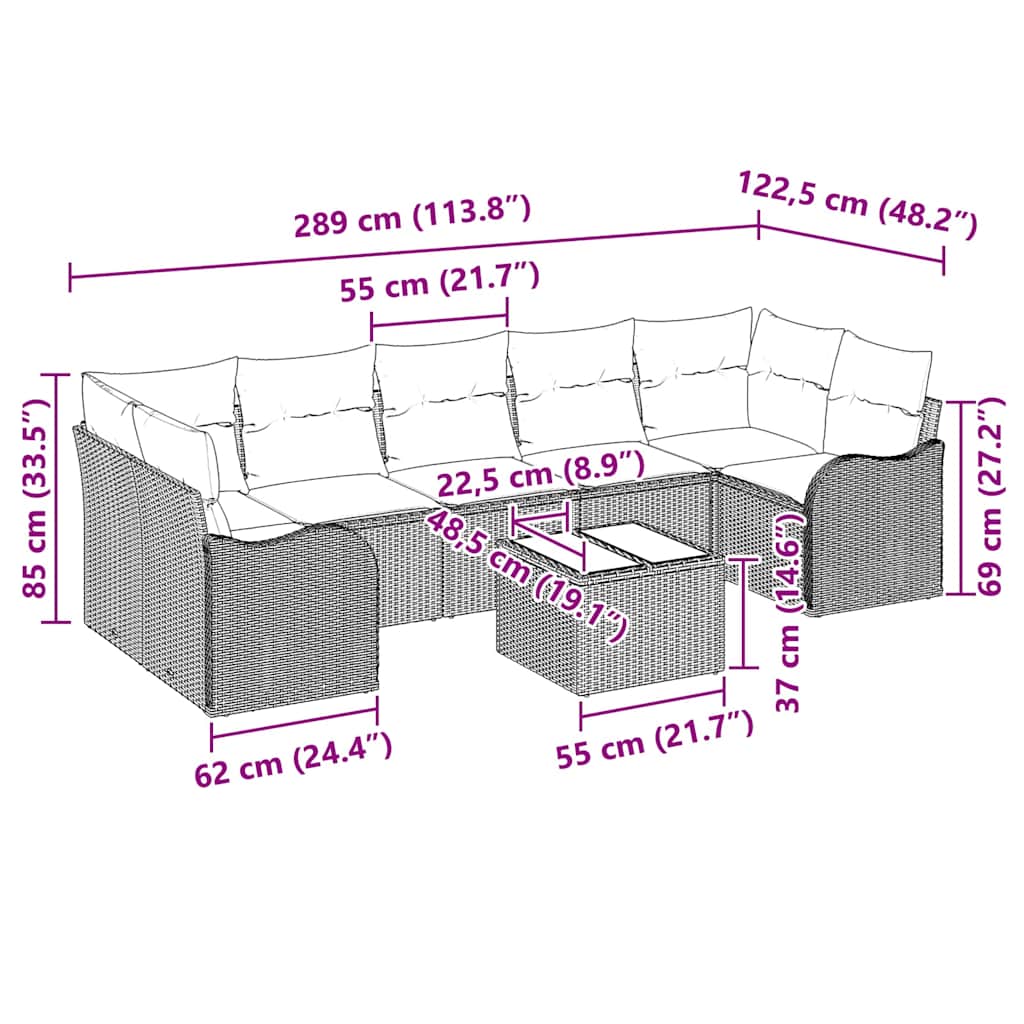 Sjedeća garnitura za vrt 8 kom. 7-Broj sjedala Crna i Krema 289 x 122,5 x 85 cm