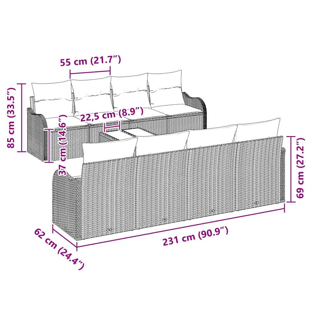 Sjedeća garnitura za vrt 9 kom. 8-Broj sjedala Svjetlosiva 231 x 62 x 85 cm