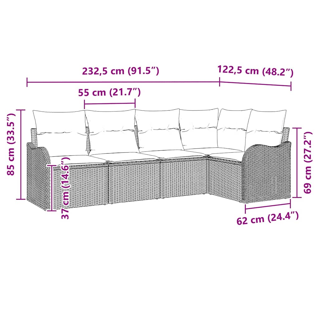 Sjedeća garnitura za vrt 5 kom. Crna poliratan 232,5 x 122,5 x 69 cm
