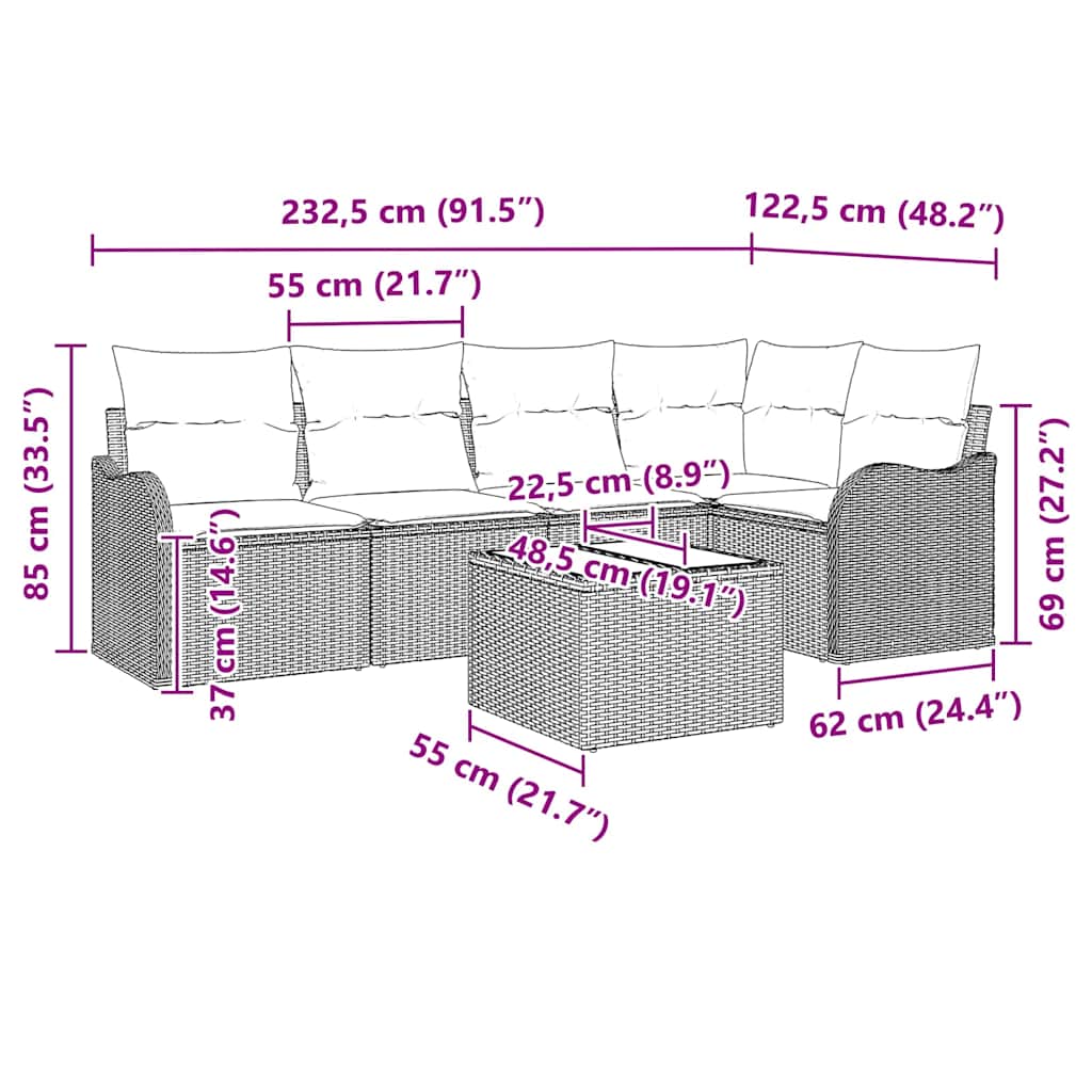 Sjedeća garnitura za vrt 6 kom. Crna poliratan 232,5 x 122,5 x 69 cm