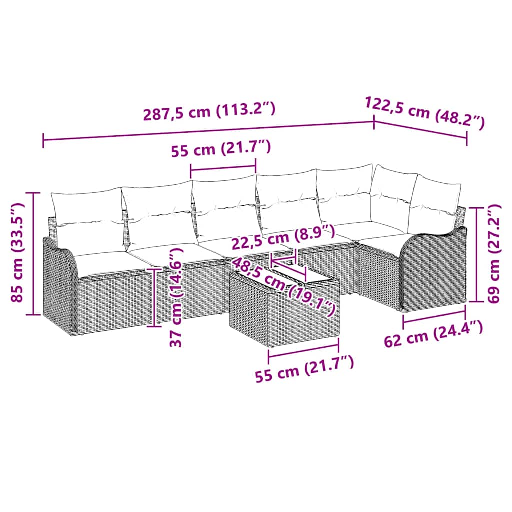 Sjedeća garnitura za vrt 7 kom. Crna poliratan Bež 287,5 x 122,5 x 69 cm