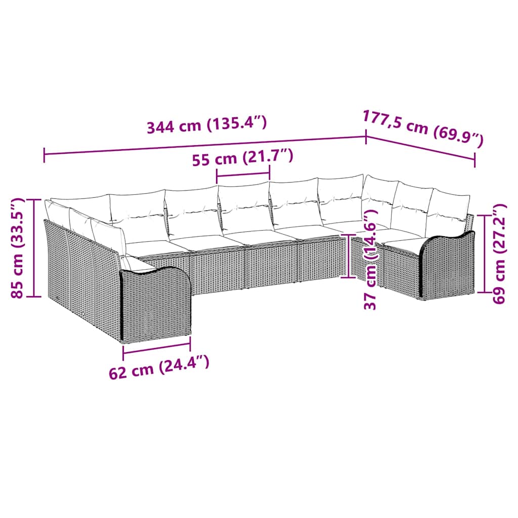 Sjedeća garnitura za vrt 10 kom. Crna poliratan 344 x 177,5 x 69 cm