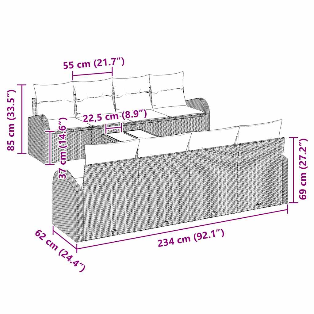 Sjedeća garnitura za vrt 9 kom. 8-Broj sjedala Crna poliratan 234 x 62 x 69 cm