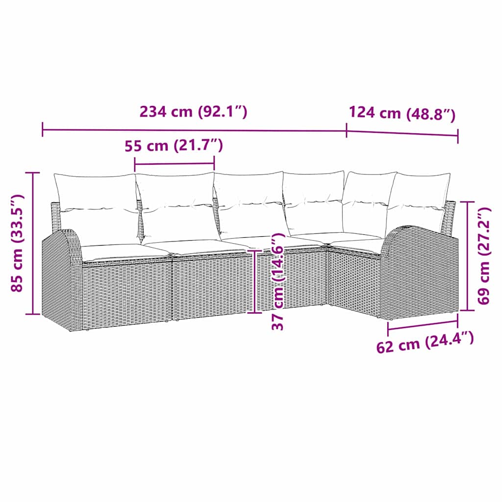 Sjedeća garnitura za vrt 5 kom. Siva poliratan 234 x 124 x 85 cm