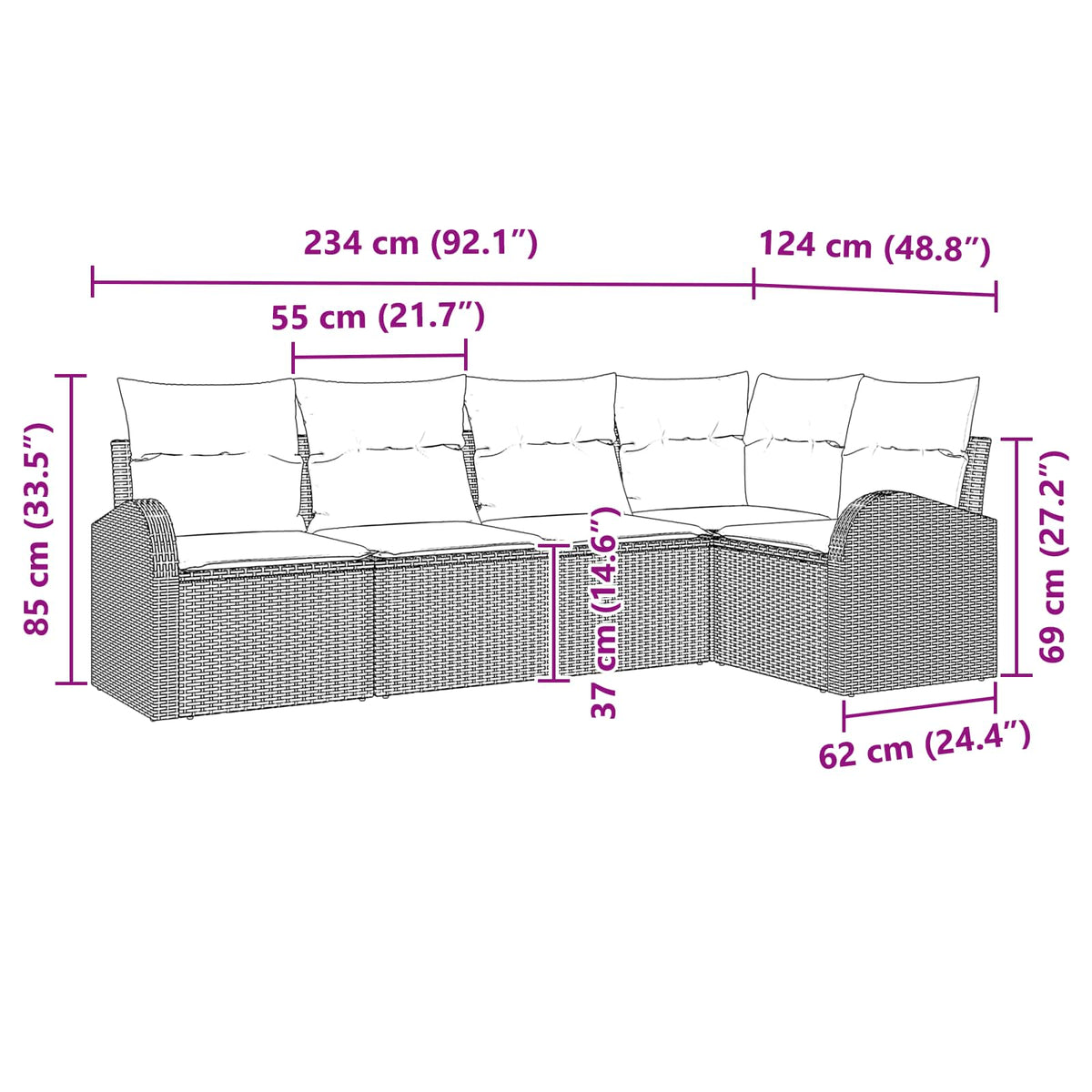 Sjedeća garnitura za vrt 5 kom. Crna i Tirkizna poliratan 234 x 124 x 85 cm