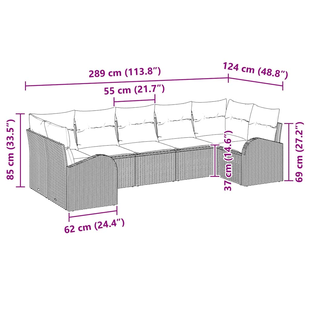 Sjedeća garnitura za vrt 7 kom. Svijetlo siva poliratan Svjetlosiva 289 x 124 x 85 cm